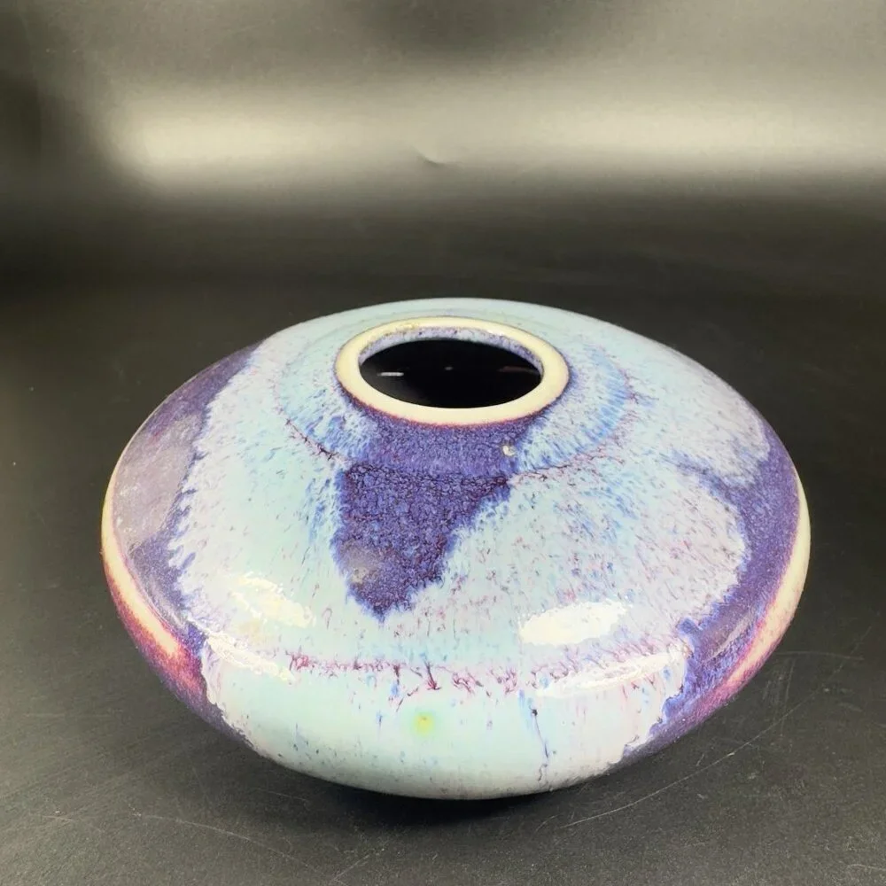 Vintage Hand Made Studio Art Pottery‎ Flat Vase Vessel Multicolor Glaze Vase VTG